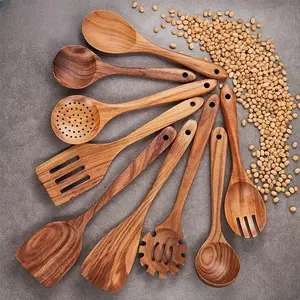 9pcs Premium Teak Cooking Utensils Set, Kitchen Utensils Gadgets, Non-Stick Friendly, Heat Resistant, Ergonomic Handles, Comfortable Grip, Outdoor Kitchenware