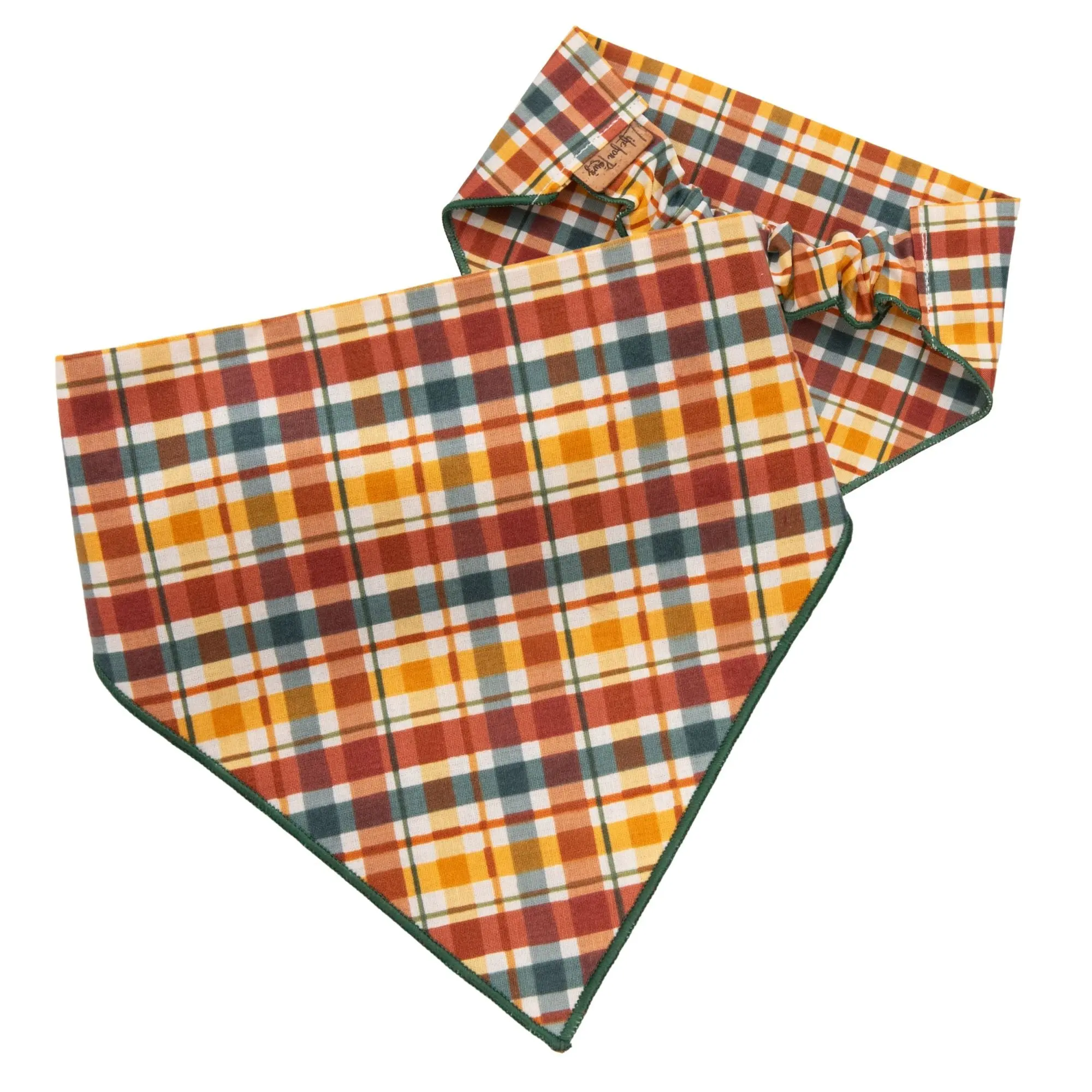 Autumn Plaid Scrunchie Dog Bandana – Embroidered Fall Pet Scarf