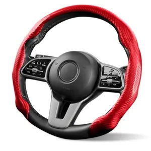 Carbon Fiber Steering Wheel Cover, Universal Fit for 14-16 Inch Wheel, Non-Slip Wrap With Easy Snap-On Installation, Sweatproof & Heat-Resistant for Car Truck SUV - Red