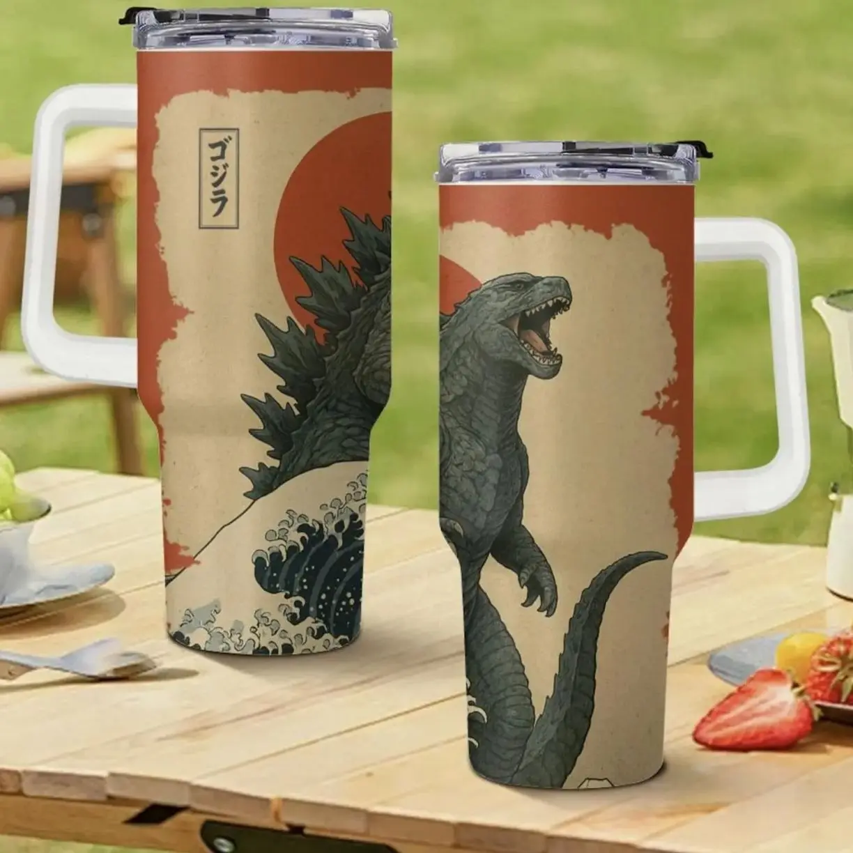 Godzilla 40oz Insulated Tumbler With Handle & Straw, Japanese Ukiyo-e Great Wave Stainless Steel Travel Mug, Vintage Kaiju Monster Fan Graphic Cup Gift For Men Women, Retro Rising Sun Anime Coffee Mug, Japan Pop Culture Merchandise Gift