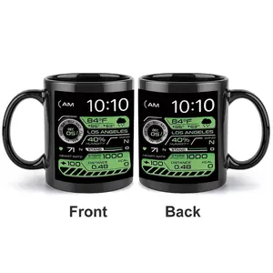 1pc 11oz Smartwatch-style black ceramic mug with dual-sided display of time, weather and sports data prints. Suitable for office and home coffee consumption. Very suitable as a Christmas gift, Valentine's Day gift, graduation gift, New Year gift