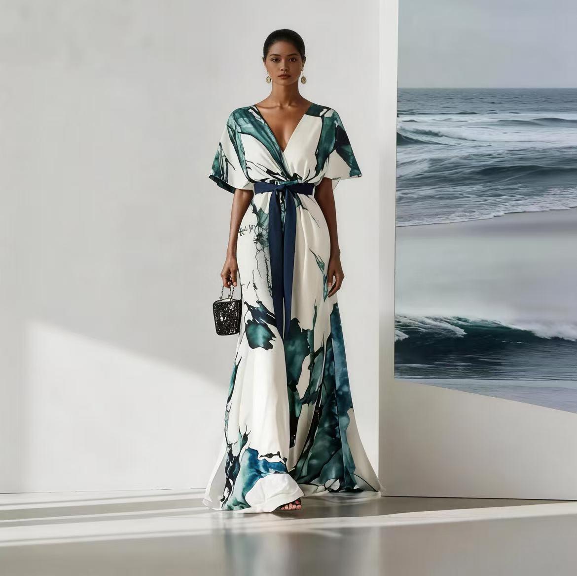 2026 Summer Watercolor Print Maxi Dress - V-neck Tie Waist, Batwing Sleeves And Pleated Details, Loose Bohemian Wedding Party Dress (blue/white/black/beige), Elegant Tassel Design For Wedding And Holiday Wear, A Must-have For Bohemian Lover Fit Womenswear