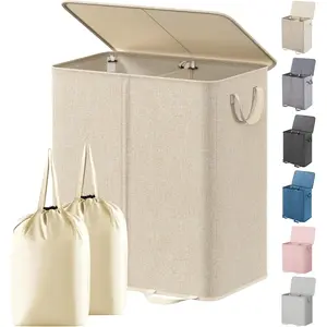 Double Laundry Hamper with Lid and Removable Laundry Bags, Large Collapsible 2 Dividers Dirty Clothes Basket with Handles for Bedroom, Laundry Room, Closet, Bathroom, College, 136L Beige