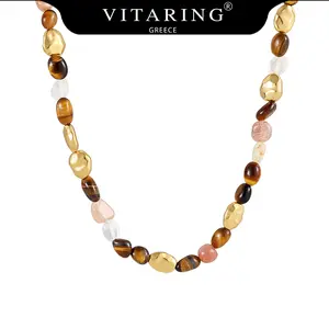 VITARING Pure Handmade Beaded Necklace Natural Tiger's Eye Stone Necklace Bracelet Women Melard Color Warm Tone Sports Shower No Need to Remove Gift Box Packaging Gift for Mom Friend