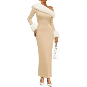 ZESICA Womens Off The Shoulder Faux Fur Sweater Dress 2026 Winter Formal Long Sleeve Bodycon Maxi Christmas Cocktail Dresses