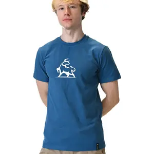 Sapphire Blue T-Shirt with Silver Bull Graphic on Front - Fitted Short Sleeve Crew Neck Casual Graphic Summer Menswear - Premium Cotton Spandex Blend Breathable Fabric
