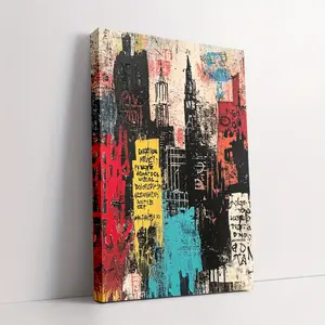 Basquiat Style Frame Canvas Prints Wall Art - Colorful Skyscrapers and Graffiti Text, Suitable for Living Room, Bedroom, Bathroom Decoration| Ideal for Christmas, New Year, Spring and Summer parties