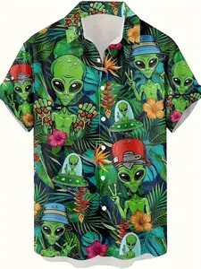 Men's Hawaiian Tropical Style Alien Print Shirt, Short Sleeve Button-Down, Loose Fit, Perfect for Summer Vacation and Casual Weekend Outing