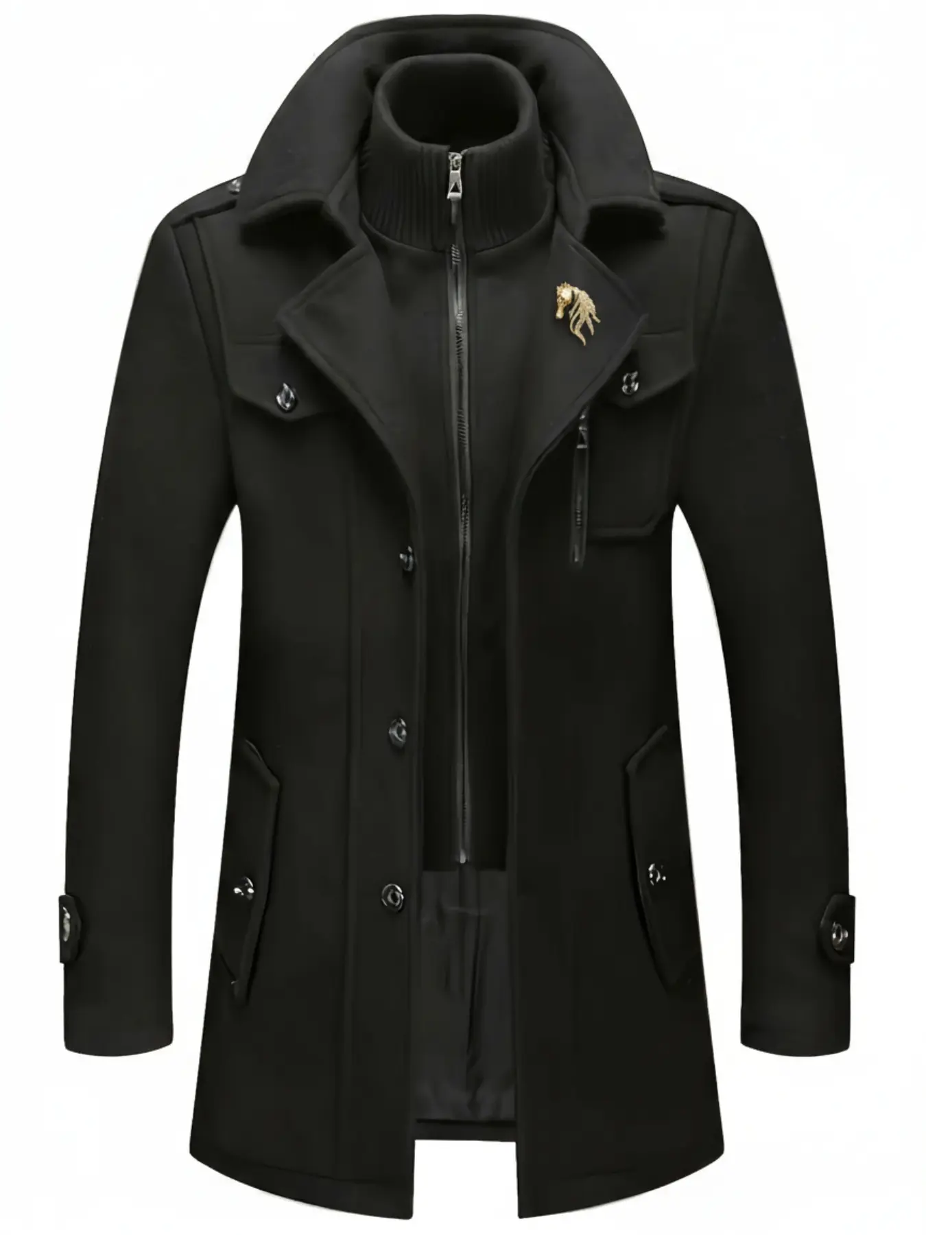 Men's Fashion Double Collar Mixed Fiber Long Coat, Zipper and Pocket Design, Warm and Durable, Suitable for Business or Casual Autumn/Winter Thick Heavy Coats