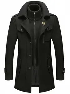 Men's Fashion Double Collar Mixed Fiber Long Coat, Zipper and Pocket Design, Warm and Durable, Suitable for Business or Casual Autumn/Winter Thick Heavy Coats