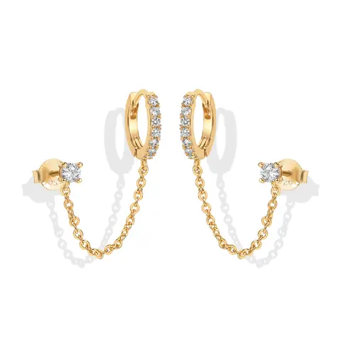 PAVOI 14K Gold Plated Chain Earrings for Women - Double Piercing Dangle Chain Huggie Hoop Earrings - Cubic Zirconia Single Stud Ear Cuff Earrings for Women