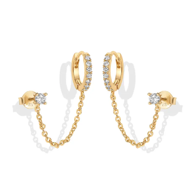 PAVOI 14K Gold Plated Chain Earrings for Women - Double Piercing Dangle Chain Huggie Hoop Earrings - Cubic Zirconia Single Stud Ear Cuff Earrings for Women