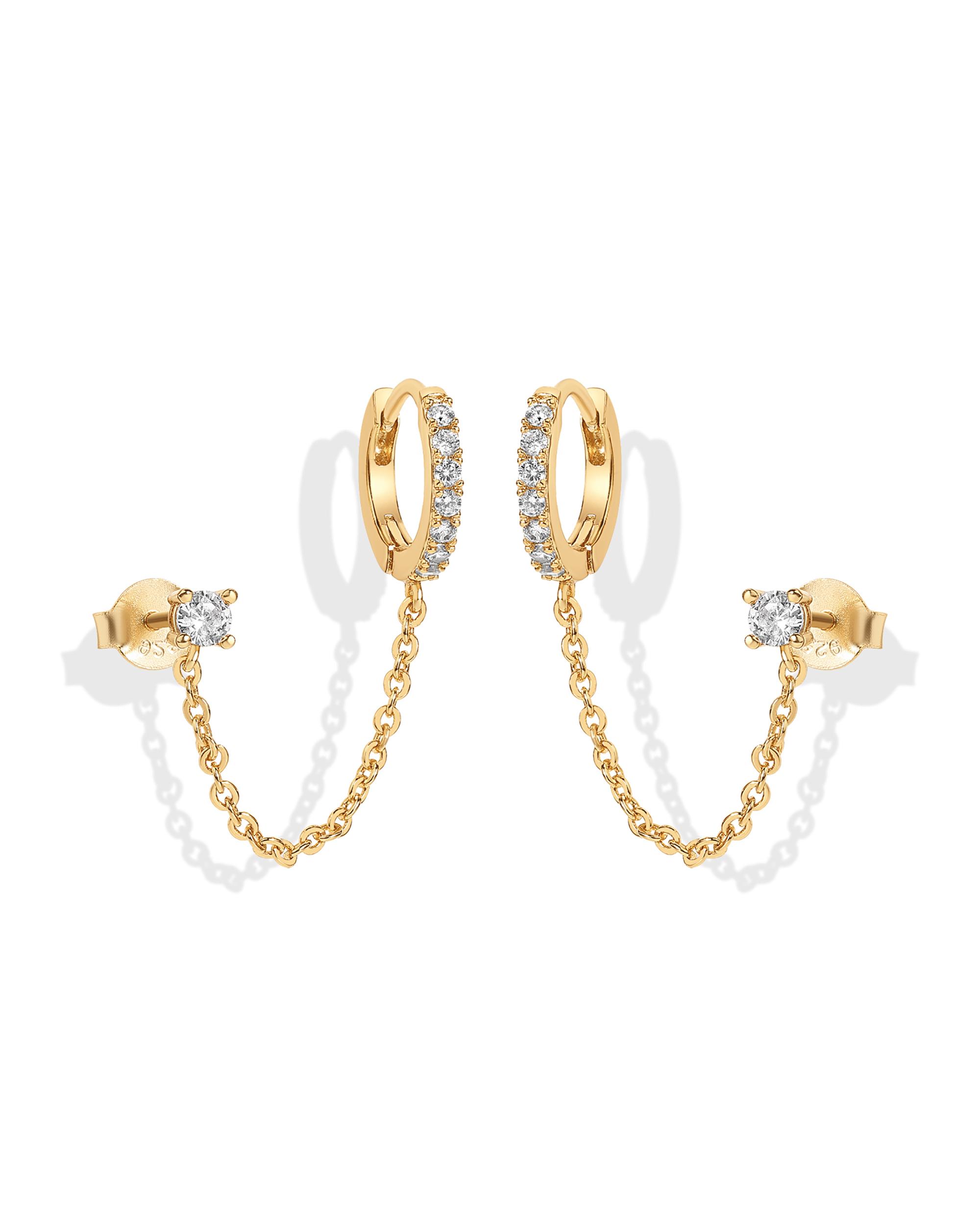 PAVOI 14K Gold Plated Chain Earrings for Women - Double Piercing Dangle Chain Huggie Hoop Earrings - Cubic Zirconia Single Stud Ear Cuff Earrings for Women