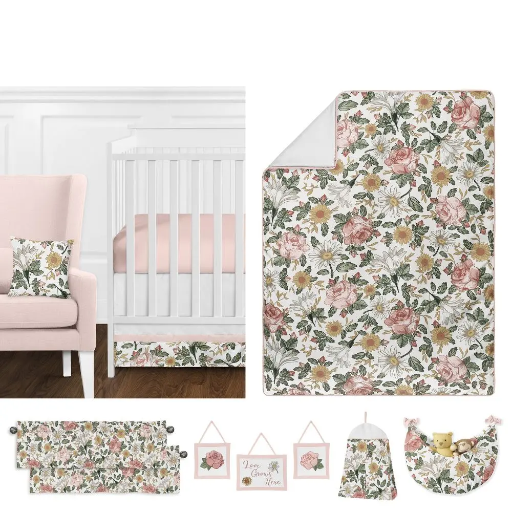 Sweet Jojo Designs 0-3 Years Girl Baby Crib Bedding Set - Vintage Floral Pink, Green and Yellow 11pc with Comforter, Skirt, Blankets & Throws, Valances