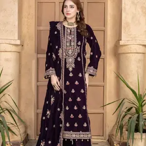 3pc embroidered velvet suit with velvet shawl and velvet trouser for wedding and party wear