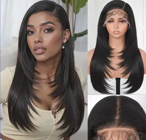 Ourwigs 13x6 Layered Straight Wig HD Lace Front - Pre Plucked Yaki Straight Synthetic Wig with Baby Hair, Natural Black 24 Inch