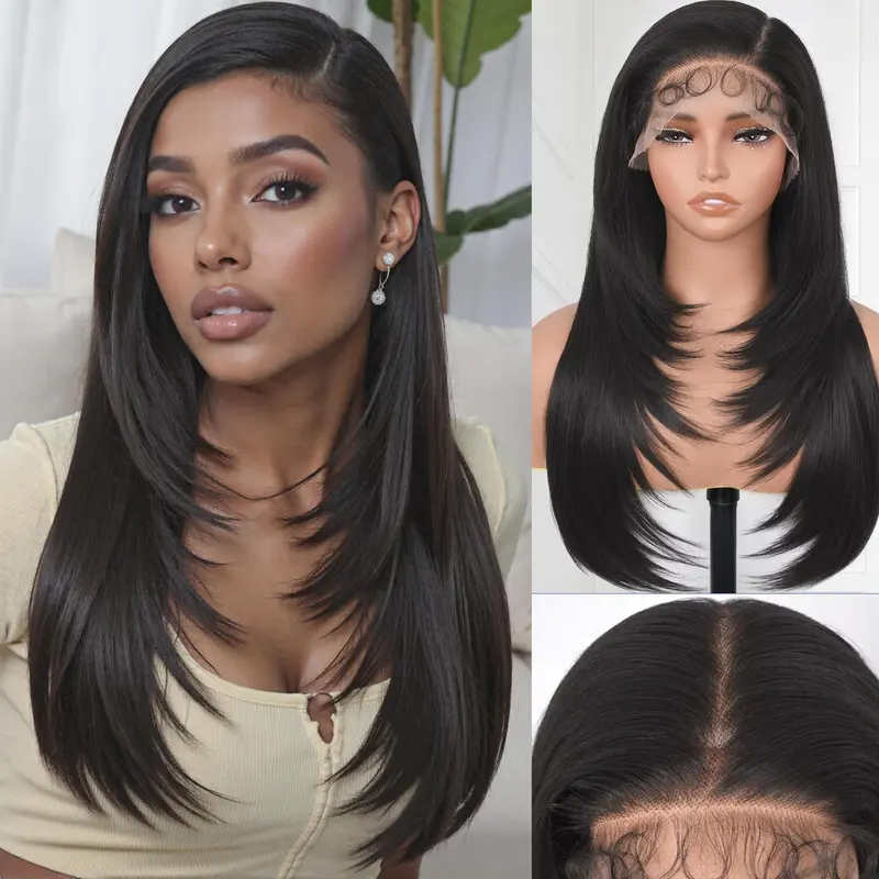 Ourwigs Women's 13x6 Frontal Synthetic Straight Wig - 24in Pre-Plucked Yaki Layered Cut, HD Lace, Baby Hair, 3D Dome Cap, Natural Black Natural Look Hair Replacement Wig for Adult Women, Hair Replacement Wigs,sohochic