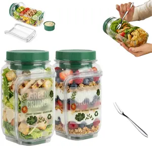 Salad Jar with Dressing Compartment Leak Proof Lunch Container Side Opening Mason Jar for Meal Prep Work Office and Daily Commute