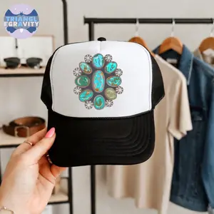 Turquoise Squash Trucker Hat and Classic Dad Hat, Rodeo Graphics Hat, Cowgirl Style, Turquoise Western Grunge, Country Aesthetic Hat