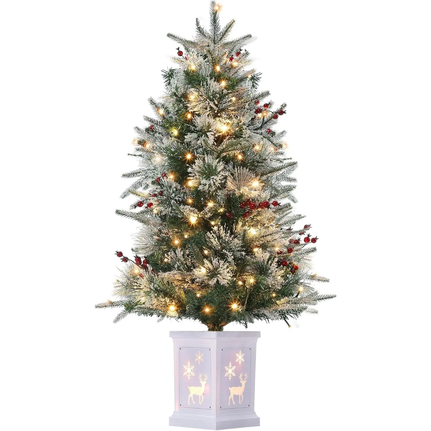 GARVEE Artificial Christmas Tree 90cm with 78 Lights, Snow Flocked Artificial Christmas Tree Battery Operated Pre-lit Premium with Red Berries Christmas Decoration for Home, Office, White Base