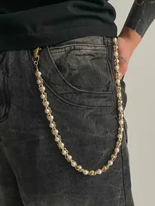 Trendy Pants Chain for Women Men Wave Caterpillar Artificial Pearl Pocket Chain for Pants Double Layer Jean Chains Biker Chain Hip Hop Chain Music Festival Clothing Accessories