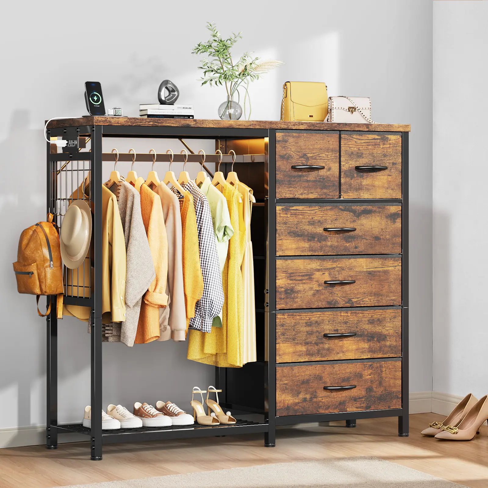 Garvee Rustic Brown Dresser with Hanging Rack, 6 Drawers, Charging Station, Wooden Top Organizer Unit with LED Lights, Fabric Chest of Drawers, Clothes Rack & Open Shelves for Living Room Storage