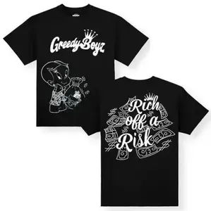 GreedyBoyz T-shirt - Casual Cotton Unisex Short Sleeve T-shirt with "Rich off a Risk" Design - Machine Washable - All Seasons - Classic Style, Full Colors, For Men, For Women