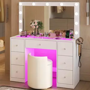 Dressing Table with Power Outlet and 11 Lights Vanity Mirror Furniture 7 Drawers White Bedroom Organizer Makeup Station Storage Solution Dressing Room Decor Modern Design summervibes