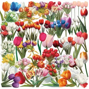 50-Piece Vintage Tulip Stickers - Floral DIY Decor for Scrapbooks, Phone Cases, and Guitars, Waterproof PET Stickers
