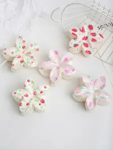5pcs Summer Sweet Fruit Strawberry Print Hair Claw Clips, Simple Fresh Floral Design, Beach Vacation Style, Suitable for Ponytail Holders