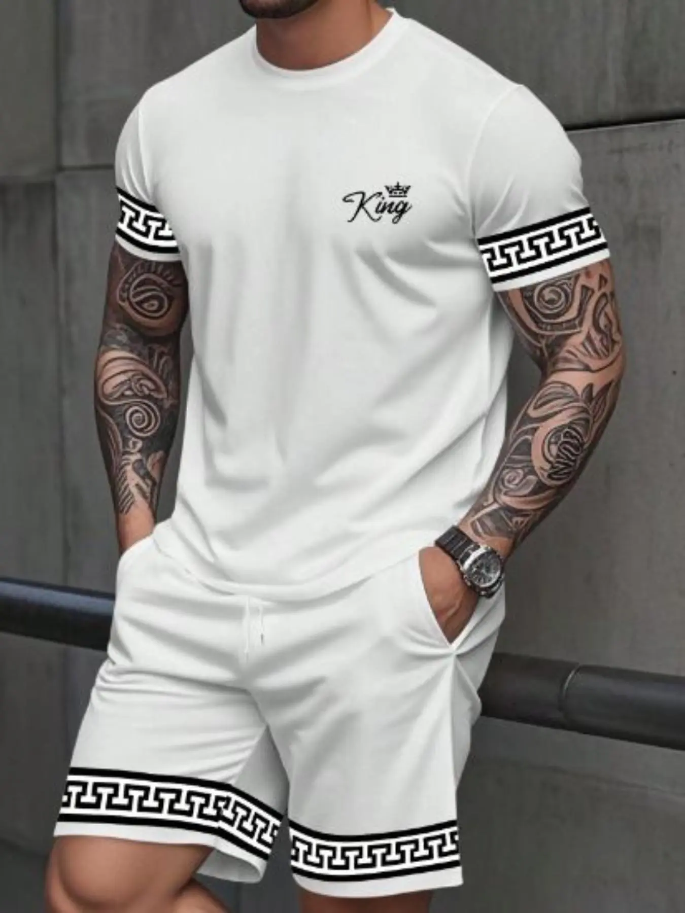 Men's Printed Short Sleeve T-Shirt & Shorts Set, Menswear Aesthetic, Contrast Color Geometric & Letter Print, Casual Fitted Top & Knee Length Shorts