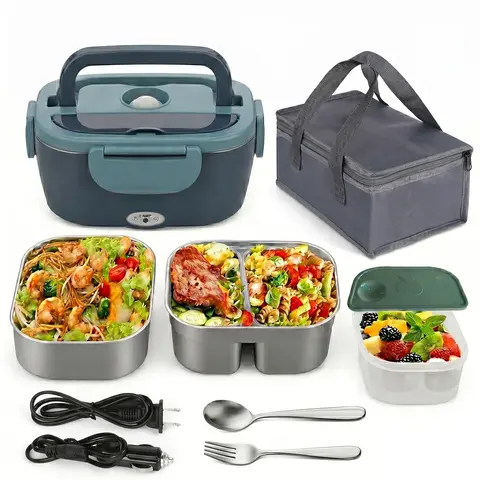 3-in-1 80W Electric Lunch Box, 1.5L 304 Stainless Steel Portable Food Warmer for Adults, 12V/24V/110V for Car/Truck/Work, with Fork, Spoon & Carry Bag (Camping Outdoor Tableware Mess Kit)