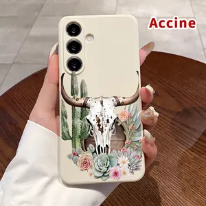 Desert Floral Skull Pattern Straight Edge Phone Case Compatible with Samsung Galaxy S26 S23 Ultra S24 Plus S25 S22+ Plus Shockproof Non Slip Military-Grade Protection Liquid Silicone Cover Smartphone Casing