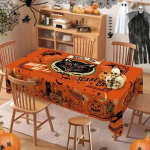 Vintage Halloween Tablecloth Black Cat Pumpkin Print Hand Drawn Bats Retro Design Indoor Outdoor Party Decor Lighted Lantern Led Lantern Spooky