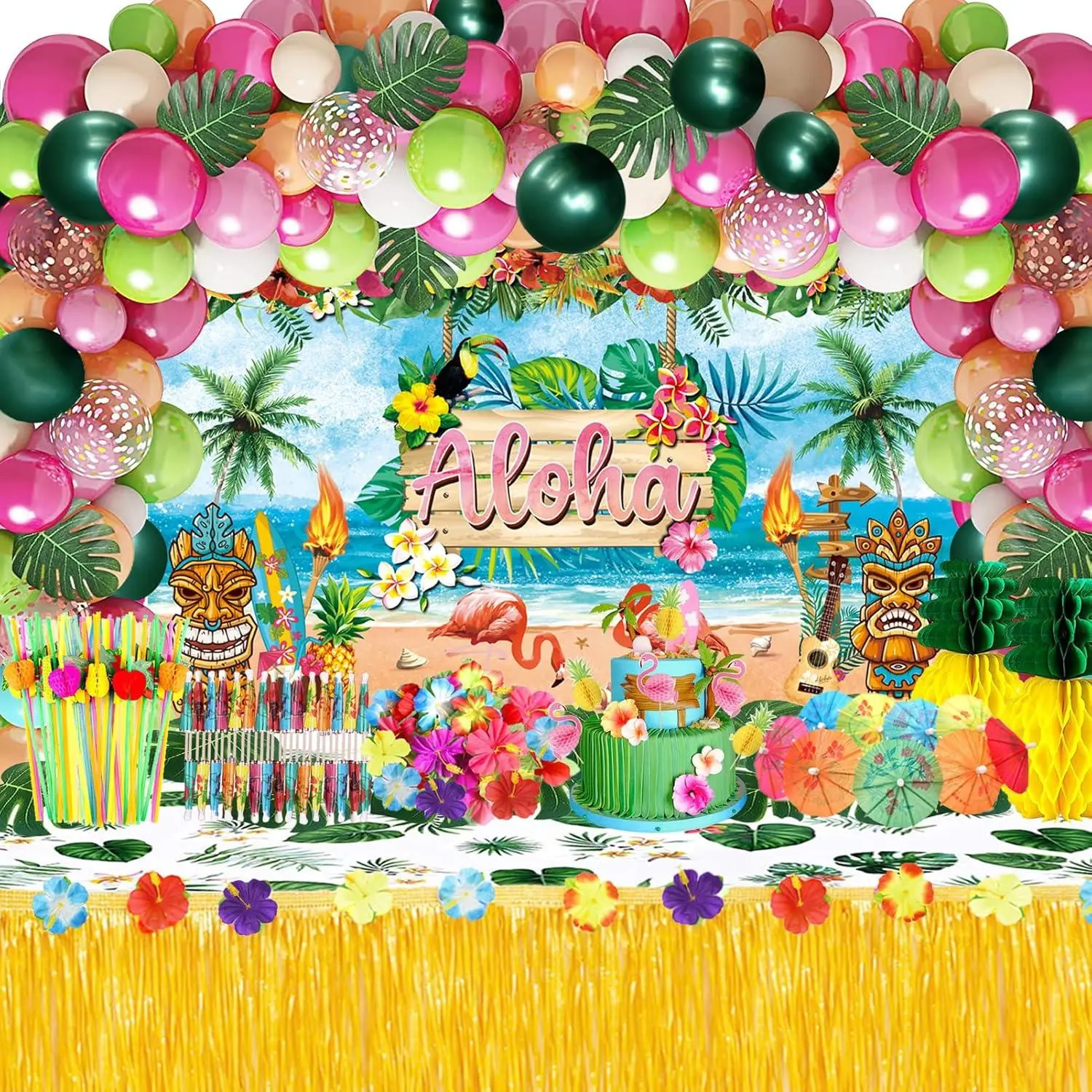 161 Pcs Hawaiian Luau Party Decorations, Tropical Summer Beach Party Supplies Including Aloha Backdrop, Table Skirt, Tablecloth, Flamingo, Palm Leaves and Hibiscus, Balloons Arch, Straws WHYMEO