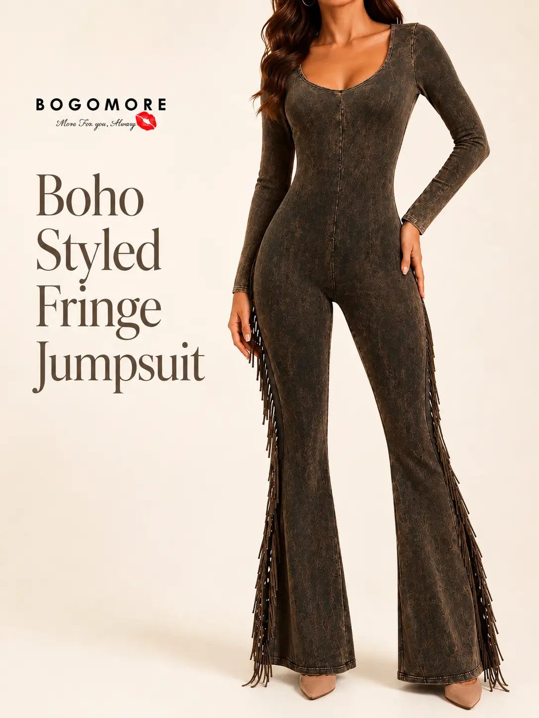 Women's Mineral Washed Fringed Jumpsuit - Long Sleeve Cotton Overall Garment Womenswear Overall Jumpsuits Romper Jumpsuit