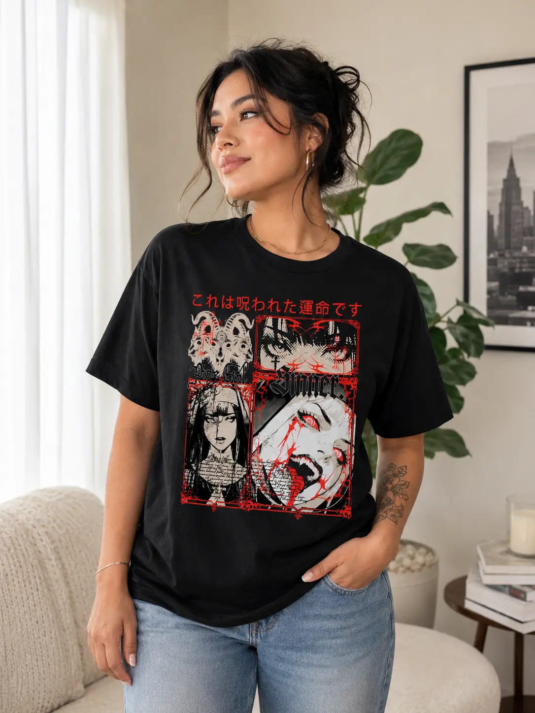 Women's Gothic Anime Graphic T-Shirt with Horror Aesthetics, Edgy Sinner Print, Soft 100% Cotton Comfortable Loose Fit Shortsleeve Top, Wave, Oversized, Baggy, Retro, Tops, Breathable, Style, Round Neck