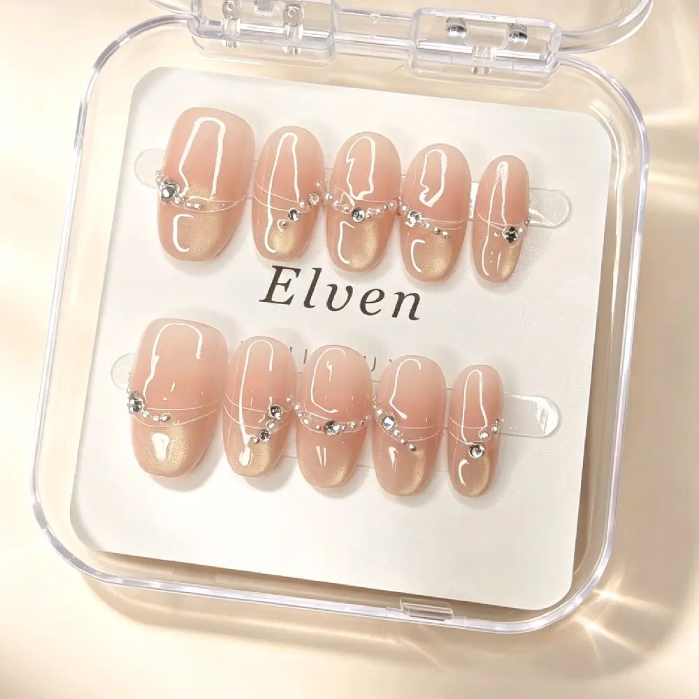 Handmade Nude Press On Nails - Champagne Cat Eye Ombre with Silver Rhinestone Line, Short Oval Reusable Fake Nails, Salon Quality