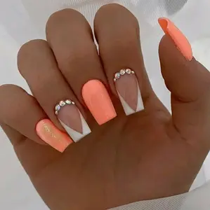 Medium Square Melon with White French and Rhinestones Press On Nails 24CT