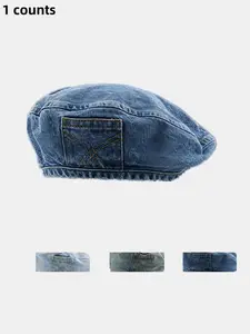 Women's Vintage Washed Denim Design Beret, Casual Outdoor Blue Hat for Women, Fashion Accessories for Daily Wear, Stylish Headwear for All Seasons