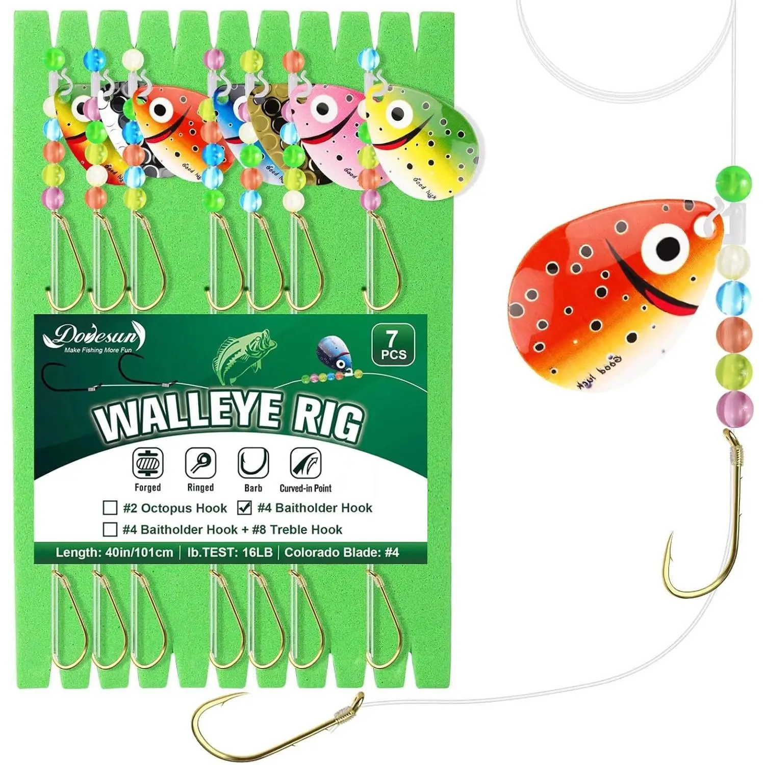 Dovesun Walleye Spinner Rigs Tackle Kit - 7PCS 16lb Crawler Harness Set for Walleye Fishing, with 3D Smile Blades, 2-Hook Bait Lures, High-Carbon Steel, Rolling Barrel Swivels, Ideal Gift for Fishing Enthusiasts