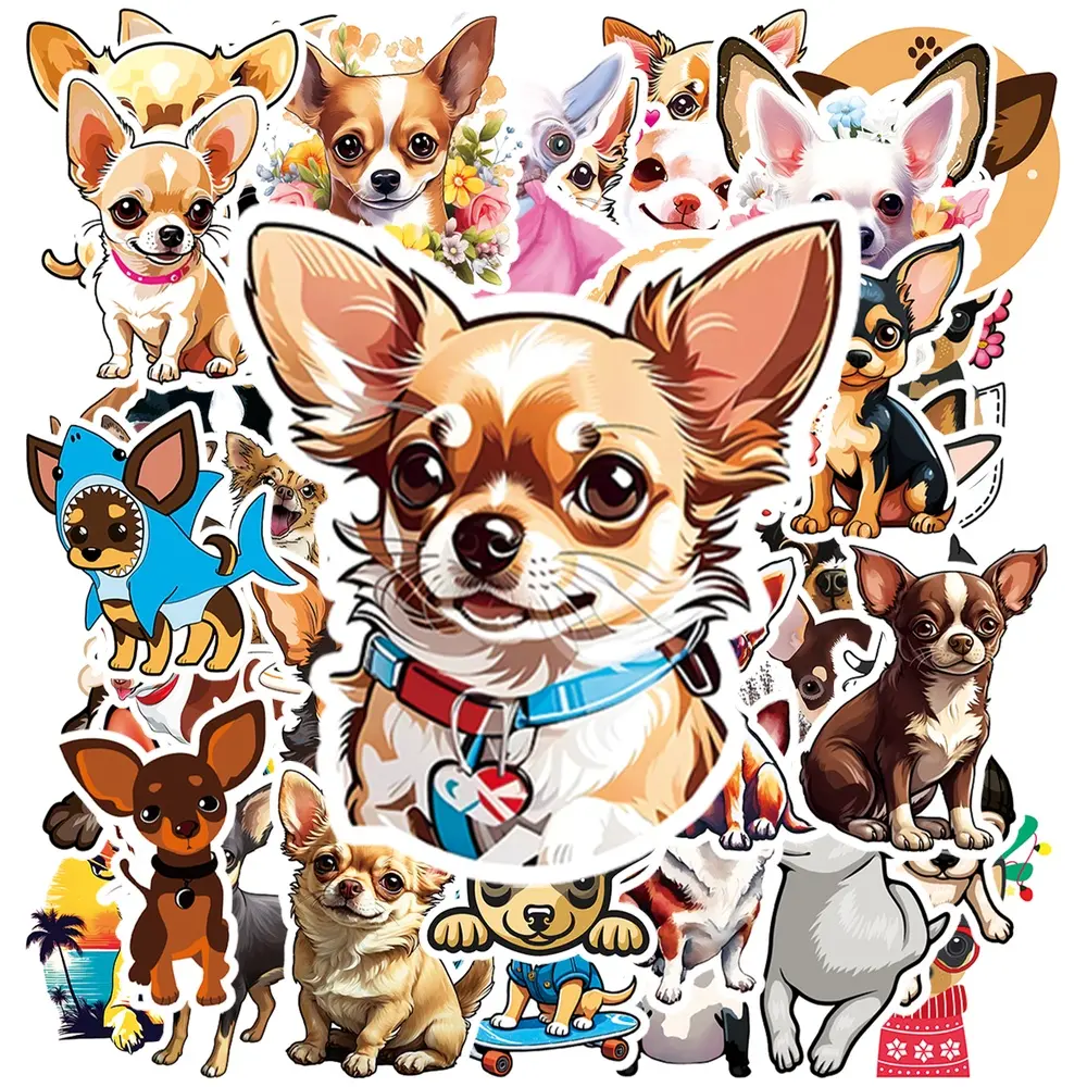 50Pcs Pre-Cut UV-Coated Cute Cartoon Vinyl Stickers, Waterproof Pet Decals for Cars, DIY Decor, Laptop, Gifts for Dog Lovers #Chihuahua #ChihuahuaStickers