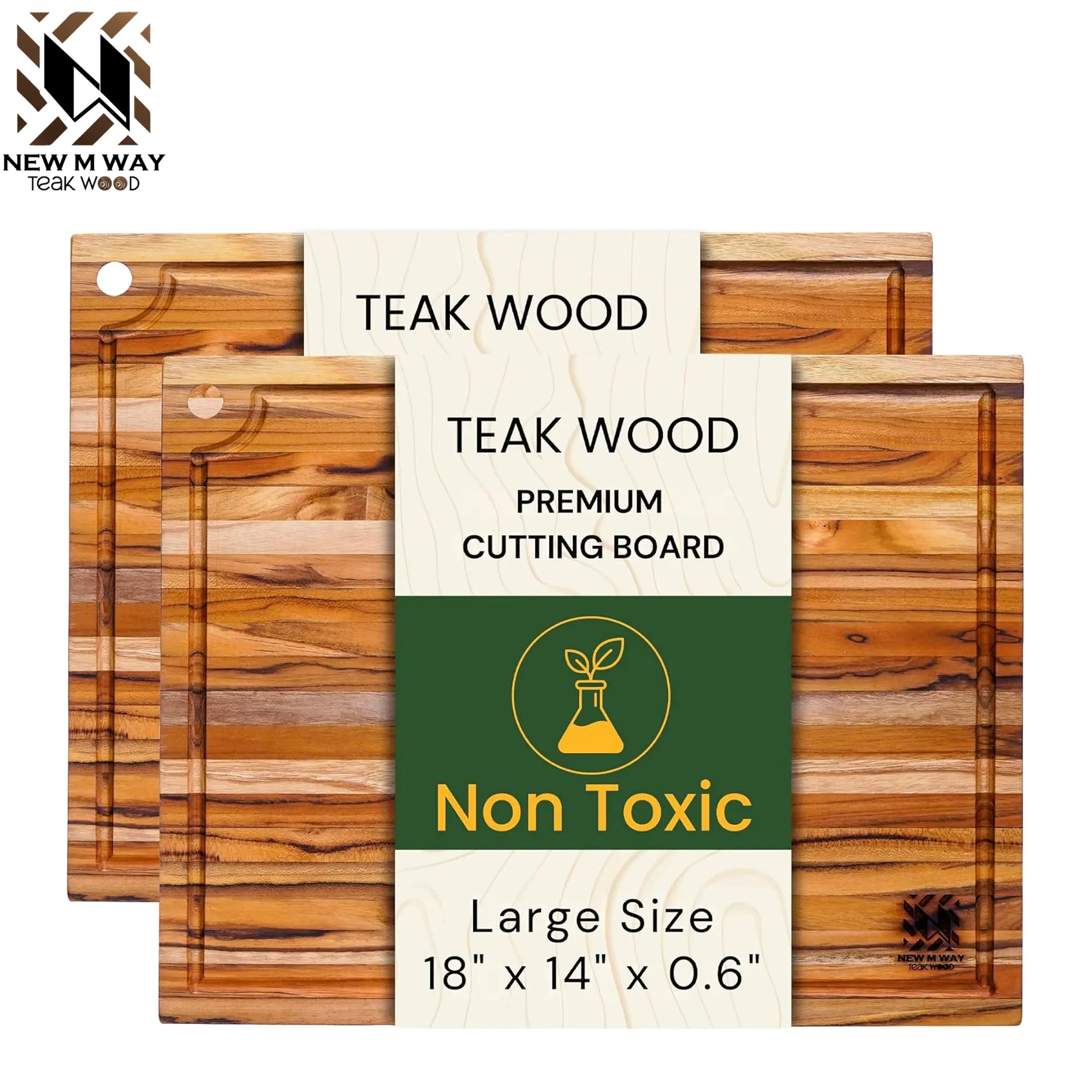Set of 2 Premium Teak Wood Cutting Board, 18" x 14" x 0.6" Thin Solid Hardwood for Meat, Fruit, Bread & Cheese Prep w/Deep Juice Groove, Non-Toxic, BPA/Plastic Free by New M Way