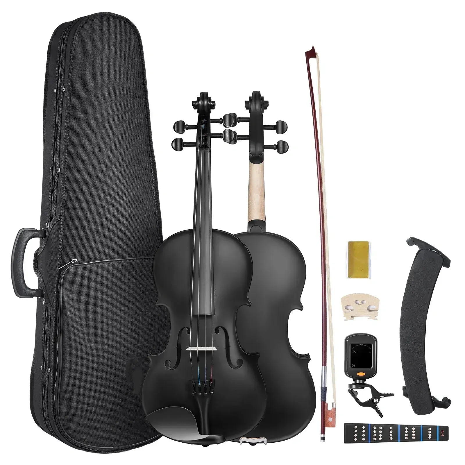 4/4 Full Size Solidwood Violin for Adults Beginners, Professional Fiddle Set with Hard Case, Rosin, Bow, Shoulder Rest, Bridge, Tuner, Extra Strings (Black)