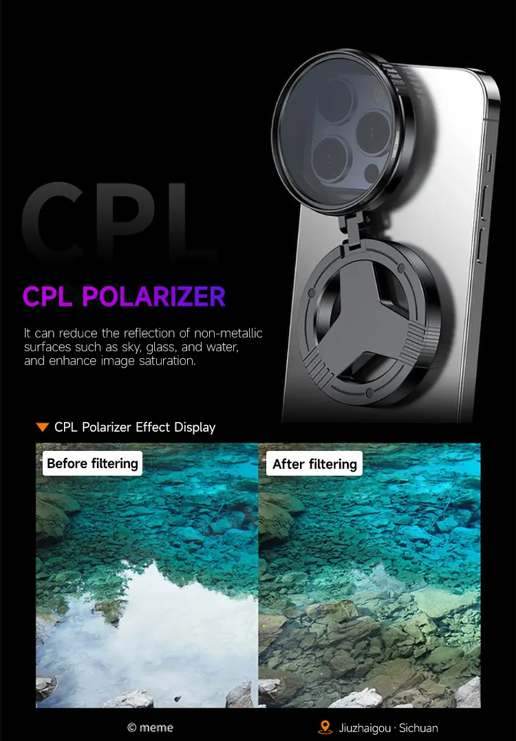 52mm CPL Camera Lens Filter, Clip-On Phone Accessory for Smartphones, Mobile & Cellphone Camera Filters with Glare Control, Metal-Plastic Build, Eliminates Stray Light and Reflections