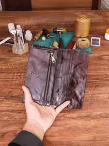 Men Women Top Layer Tanned Leather Handmade Vintage Distressed Leather Zipper Wallet, Long Purse Multi Card Slots, Folded Design Clutch Bag
