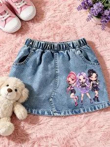 Vibrant Girl Pattern Skirt, Durable Denim Material, A-Line Fit, Short Design, Casual Style, All-Season Wear, Comfortable and Stylish