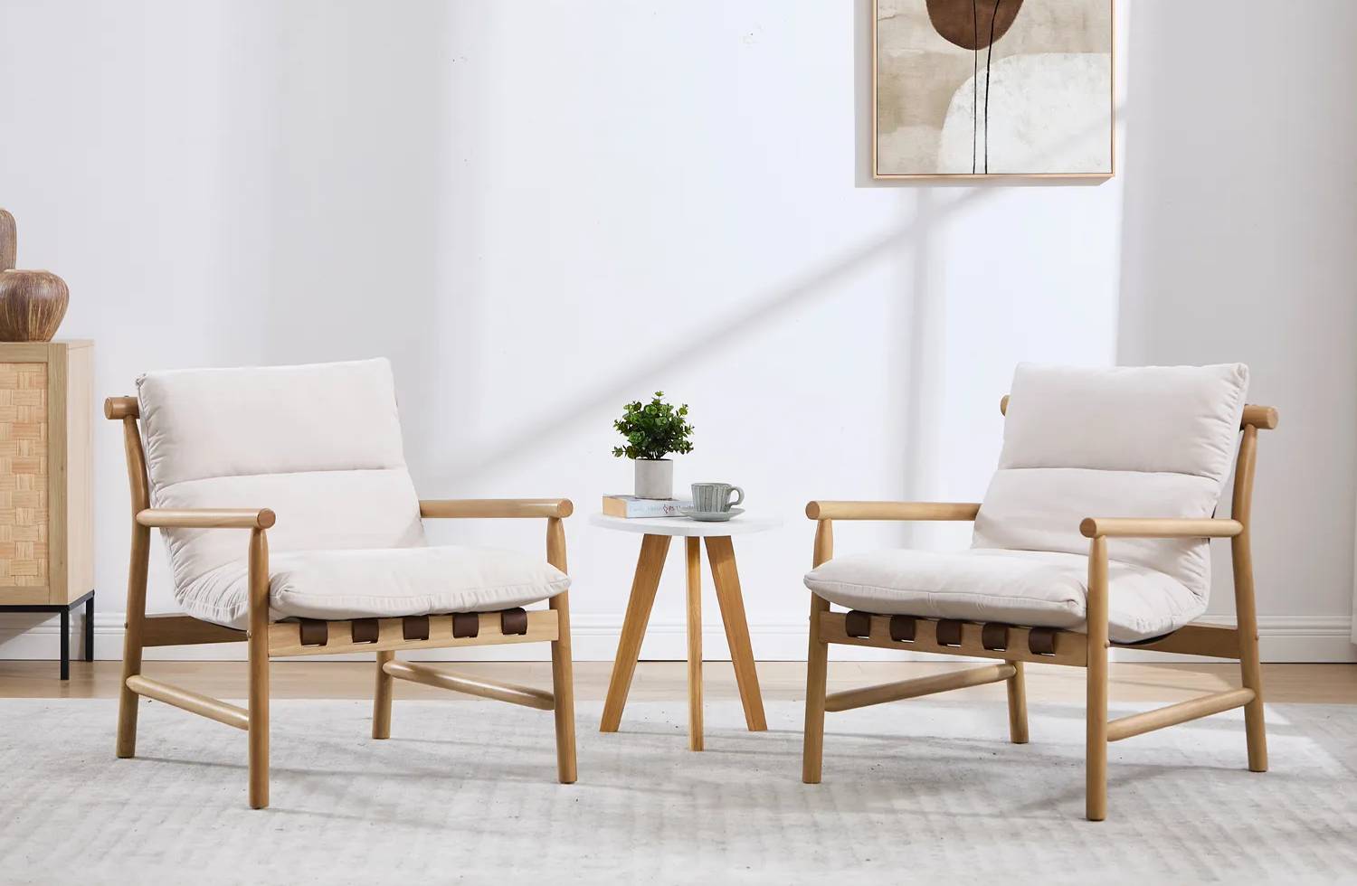 DAYALANE Mid Century Modern Beth Sling Accent Chair Living Room Chair with Solid Wood Frame Comfy Upholstered Single Sofa Armchair for Reception Bedroom Reading Beige