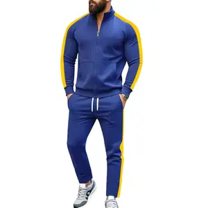 Men's sportswear set: Athletic Activewear Tracksuit, a zip-up stand-collar sports long-sleeve top and sports pants with an elastic waist, featuring stripes and a kangaroo pocket. Suitable for sports, casual occasions and all-day wear