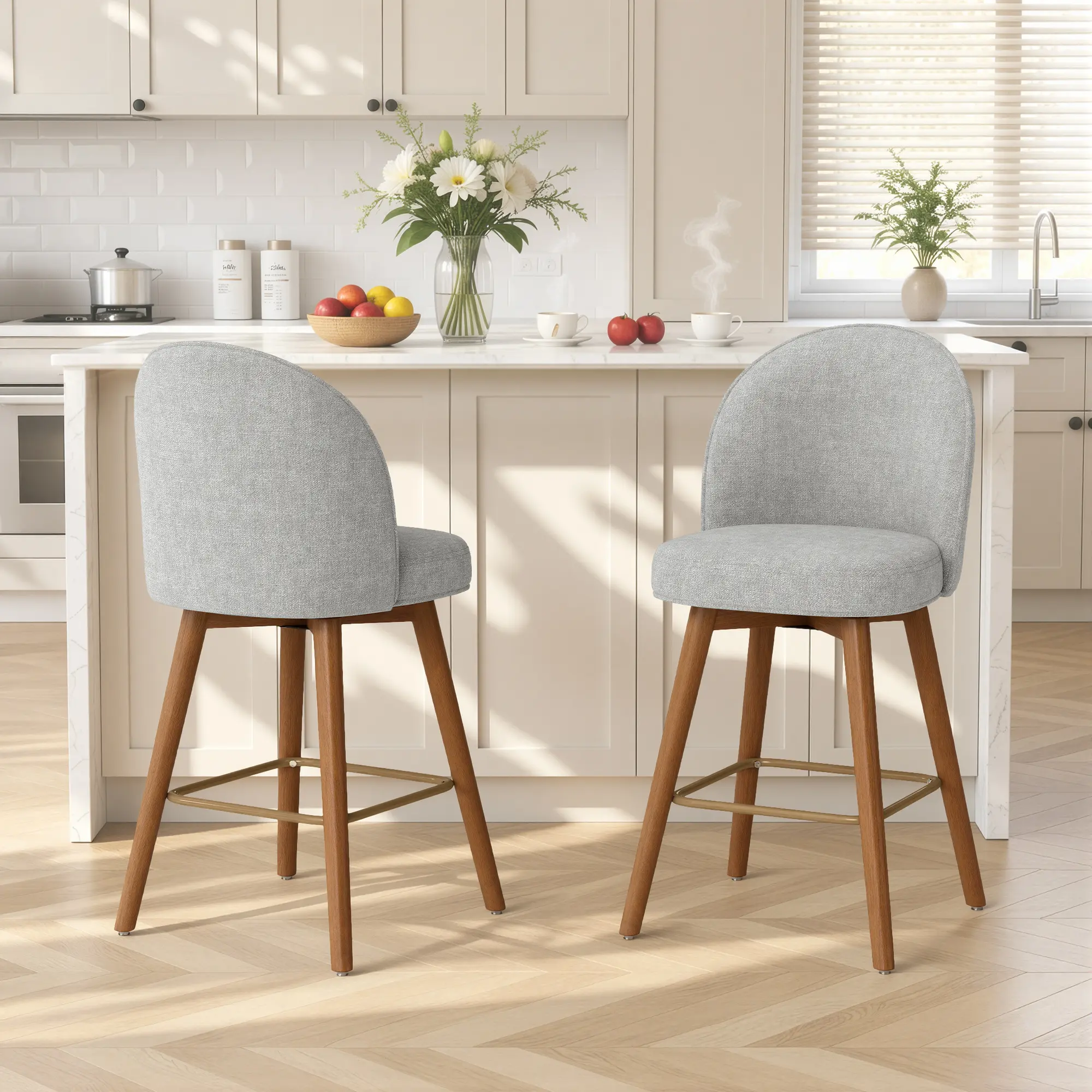 Modern Swivel Bar Stools Set of 2, Chic Upholstered Counter Height（26IN） Bar Chair with Back, Solid Wood Legs and Footrest, Comfortable Chenille Bar Stool for Kitchen Island